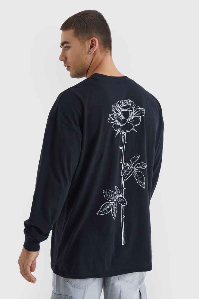 Men's Long Sleeve Line Drawn Rose Print T-Shirt - Black - S, Black