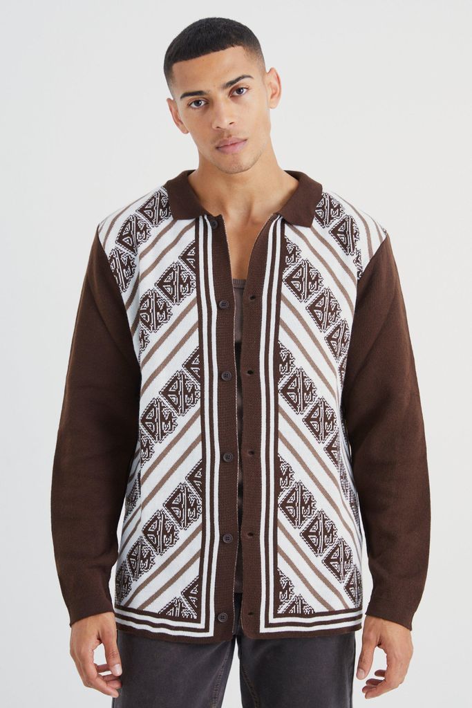 Men's Long Sleeve Rib Collar Jacquard Knit Shirt - Brown - S, Brown