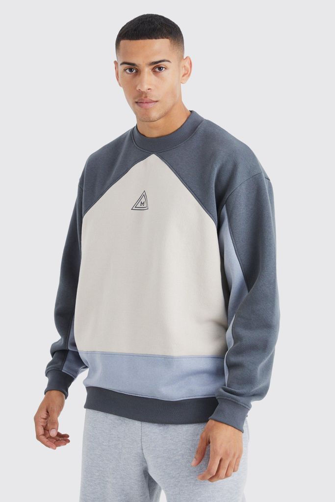 Men's Oversized Extended Neck Branded Colour Block Sweatshirt - Grey - S, Grey