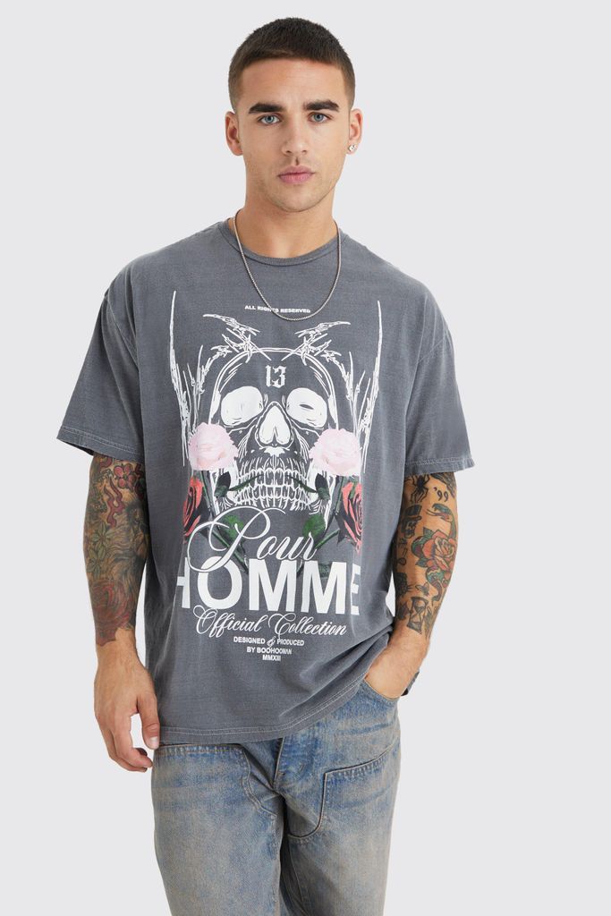 Men's Oversized Homme Skull Wash Graphic T-Shirt - Grey - S, Grey