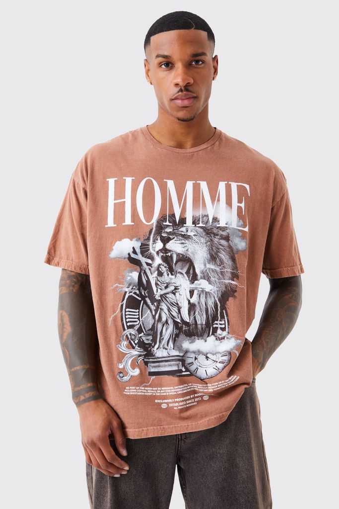 Men's Oversized Homme Wash Graphic T-Shirt - Brown - S, Brown