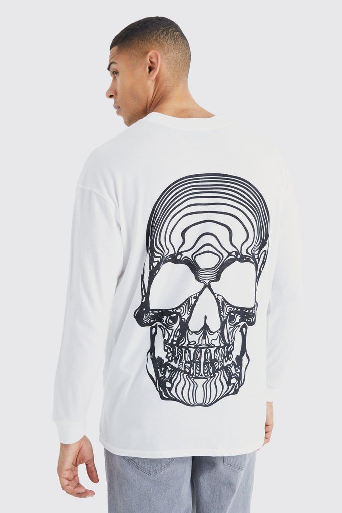 Men's Oversized Long Sleeve Skull Graphic T-Shirt - White - S, White
