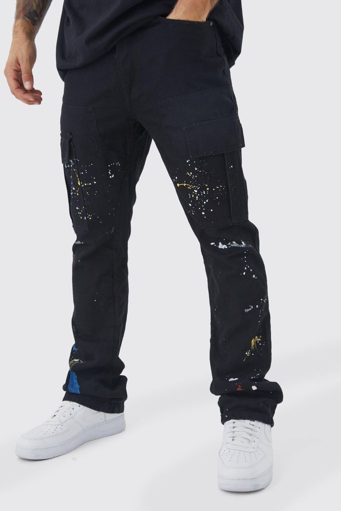Men's Slim Flare Gusset Paint Splatter Cargo Trouser - Black - 28, Black