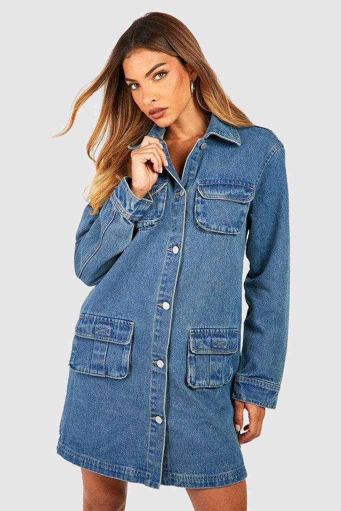 Womens Cargo Pocket Denim Shirt Dress - Blue - 6, Blue