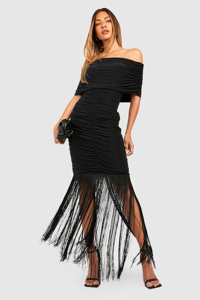 Womens Double Slinky Rouched Tassel Bardot Mini Dress - Black - 8, Black
