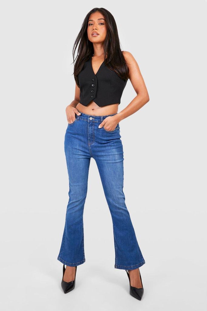 Womens Petite Mid Blue High Waist Skinny Flared Jeans 26
