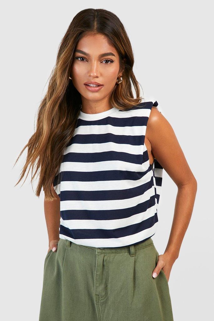 Womens Stripe Shoulder Pad Oversized Tshirt - Navy - 6, Navy