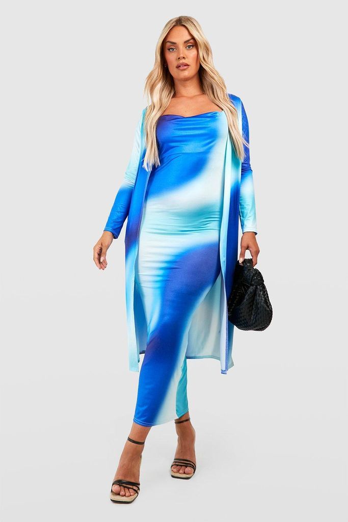Womens Plus Printed Cowl Neck Dress And Kimono - Blue - 22, Blue
