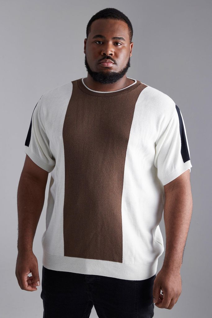 Men's Plus Front Panel Colour Block Knitted T-Shirt - Beige - Xxl, Beige