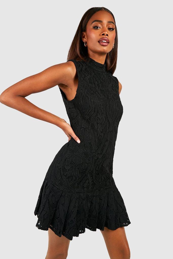 Womens Premium Crochet Lace Frill Hem Mini Dress - Black - 8, Black
