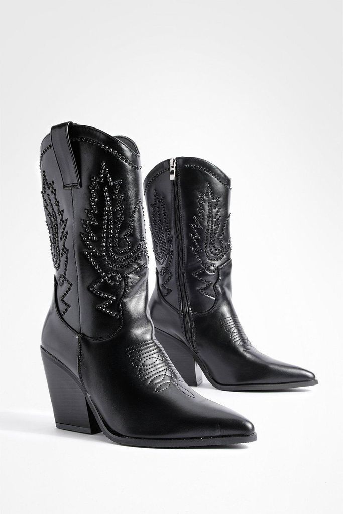 Womens Studded Detail Western Cowboy Boots - Black - 7, Black