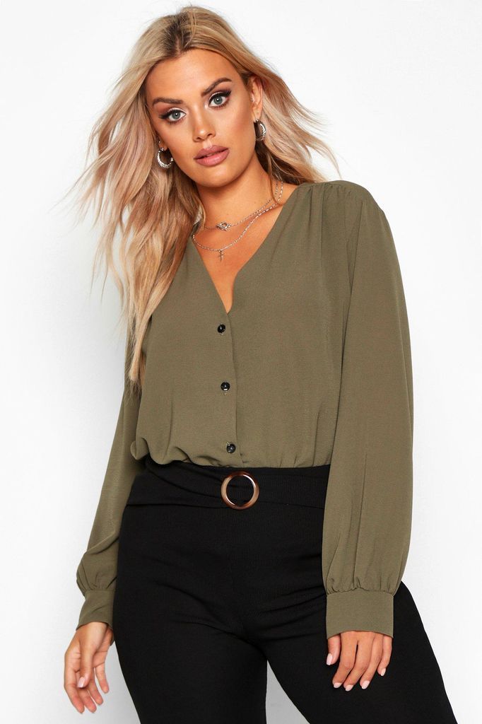 Womens Plus Woven Button Through Collarless Shirt - Green - 24, Green