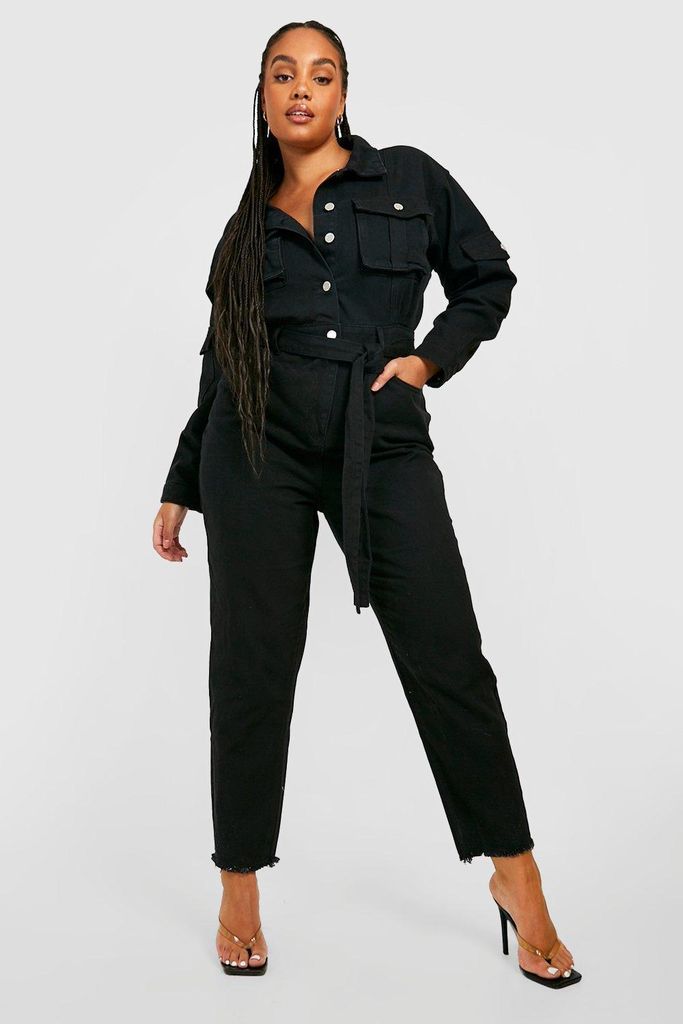 Womens Plus Belted Tapered Cargo Denim Boilersuit - Black - 16, Black