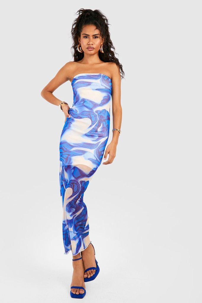 Womens Marble Mesh Bandeau Maxi Dress - Blue - 10, Blue