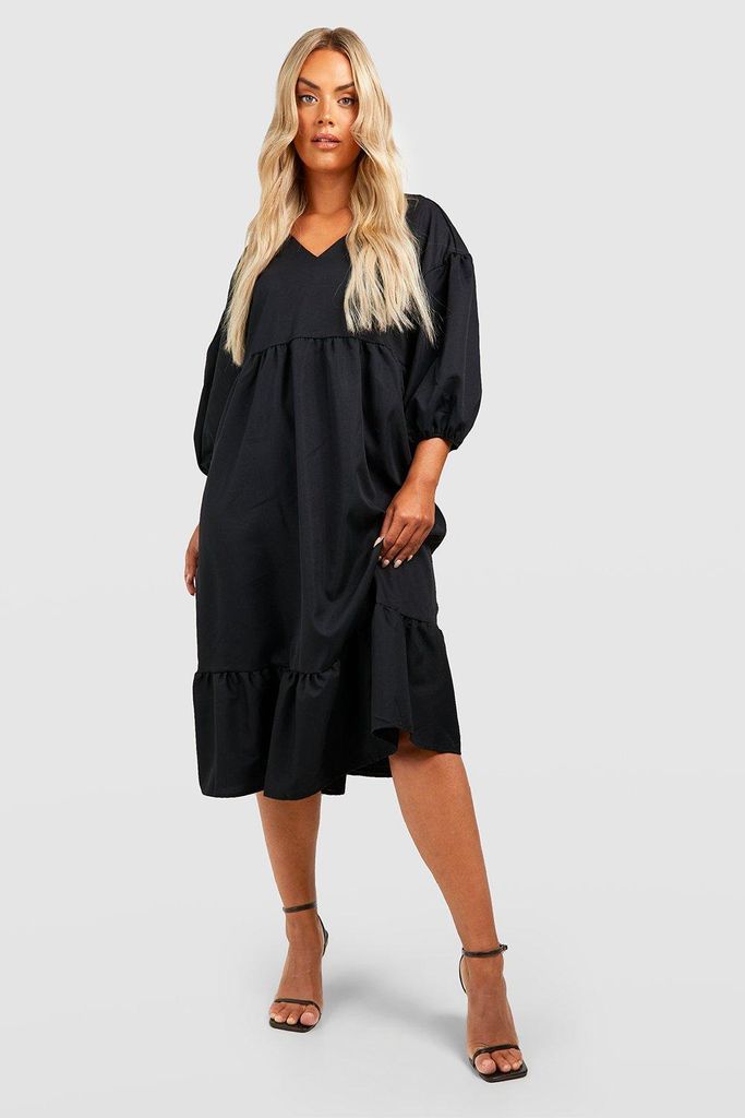Womens Plus Woven Puff Sleeve Tiered Smock Dress - Black - 16, Black