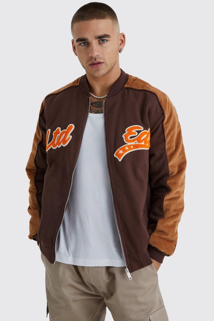 Men's Cord & Twill Varsity Jacket With Badges - Brown - S, Brown
