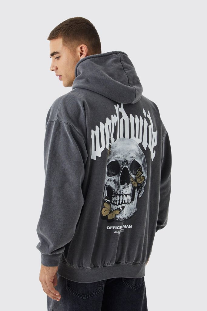 Men's Oversized Washed Butterfly Skull Hoodie - Grey - S, Grey