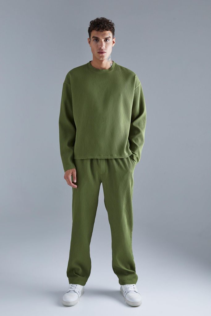 Men's Pleated Longsleeve Oversized Boxy T & Straight Trouser Set - Green - S, Green
