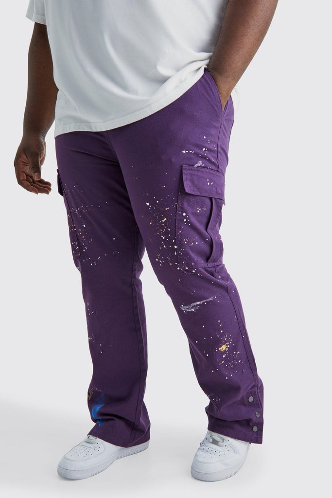 Men's Plus Slim Flare Popper Hem Paint Splatter Cargo Trouser - Purple - 38, Purple