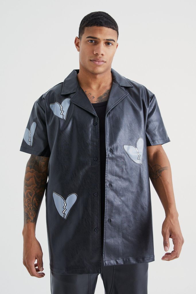 Men's Short Sleeve Oversized Heart Applique Pu Shirt - Black - S, Black