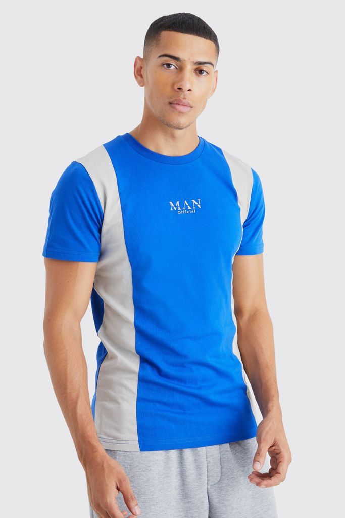 Men's Slim Fit Colour Block Embroidered T-Shirt - Blue - S, Blue