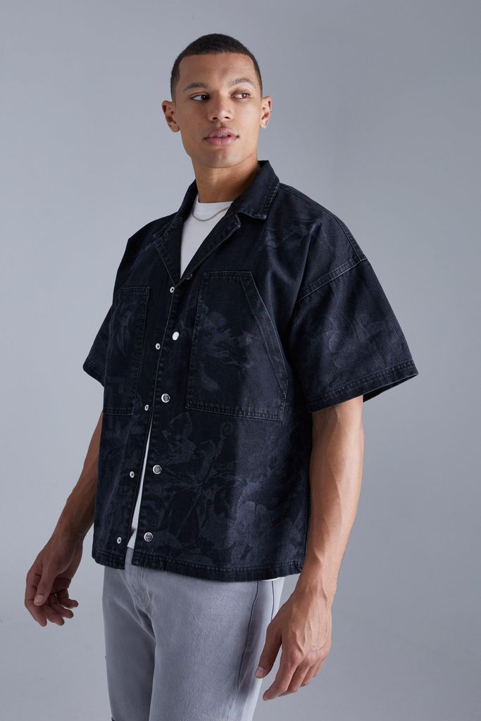 Men's Tall Boxy Fit Renaissance Laser Print Denim Shirt - Black - S, Black