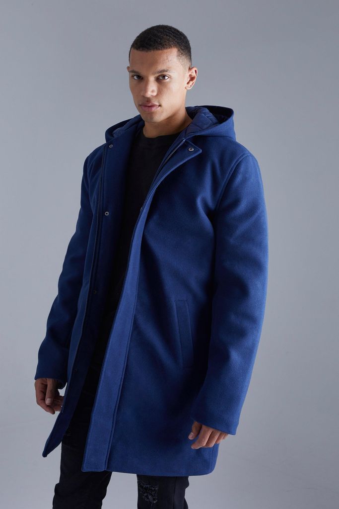 Men's Tall Concealed Placket Hooded Overcoat - Navy - S, Navy