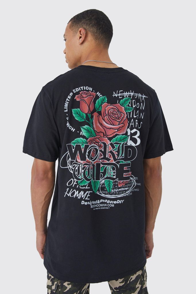 Men's Tall Longline Worldwide Rose Graphic T-Shirt - Black - S, Black