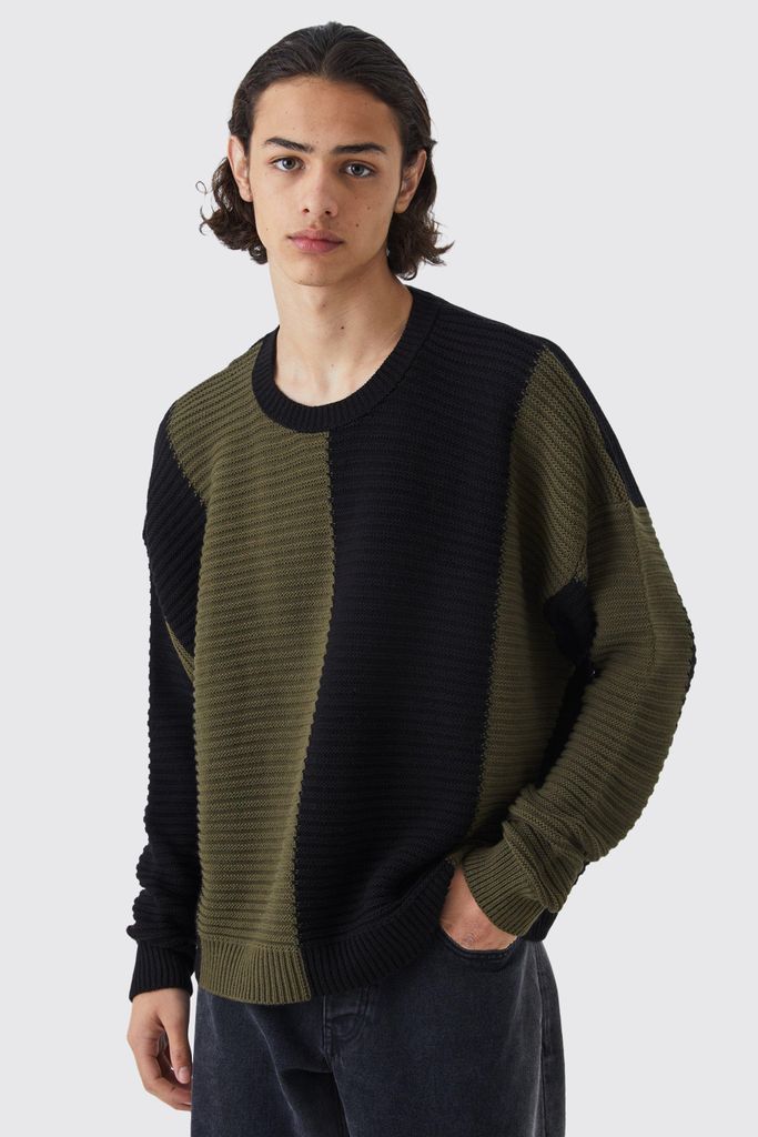 Men's Tall Oversized Pleated Colour Block Jumper - Green - S, Green