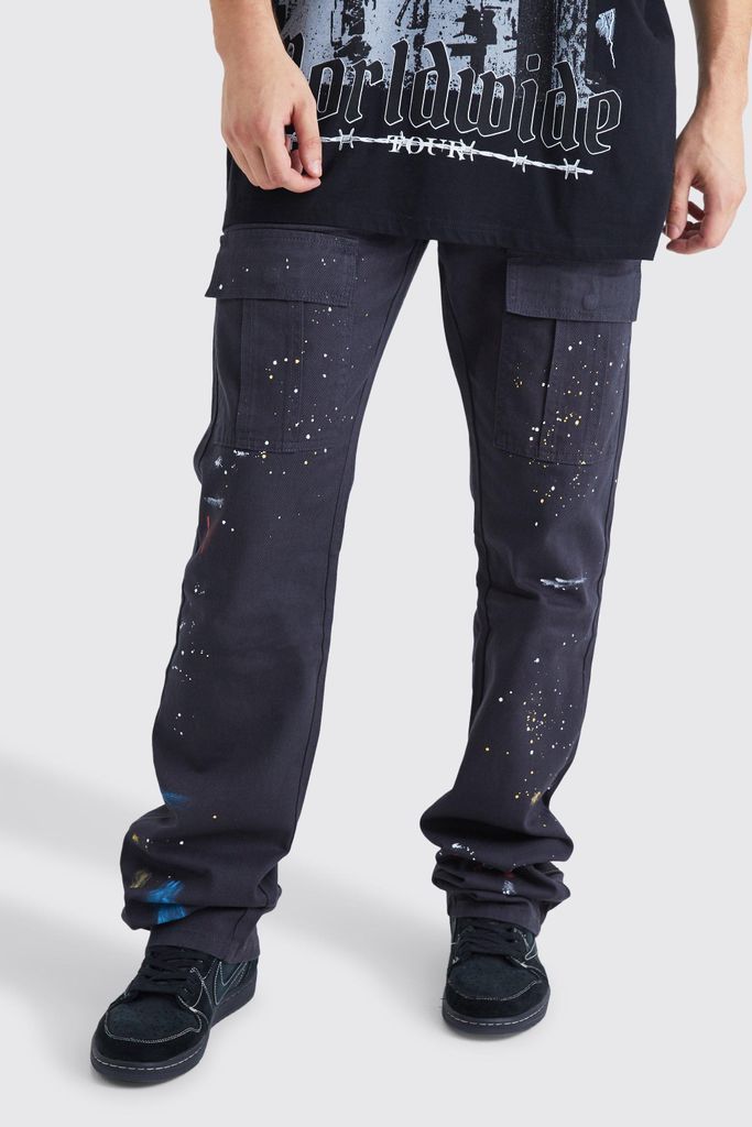 Men's Tall Slim Stacked Zip Flare Paint Splatter Cargo Trouser - Grey - 30, Grey