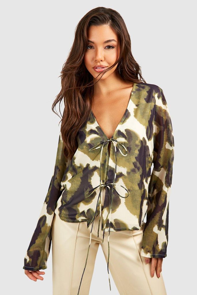 Womens Abstract Tie Front Blouse - Green - 6, Green