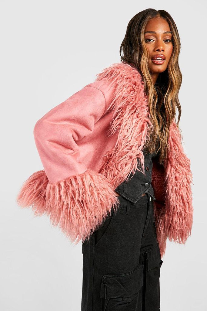Womens Faux Fur Trim Short Suedette Coat - Pink - 8, Pink