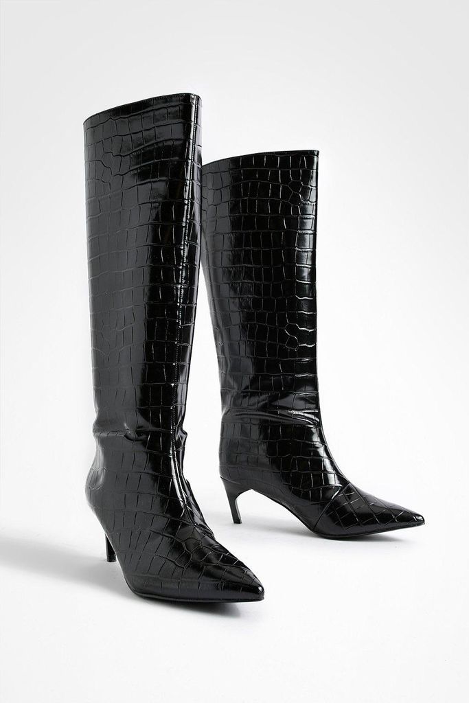 Womens Low Heel Pointed Croc Knee High Boots - Black - 3, Black
