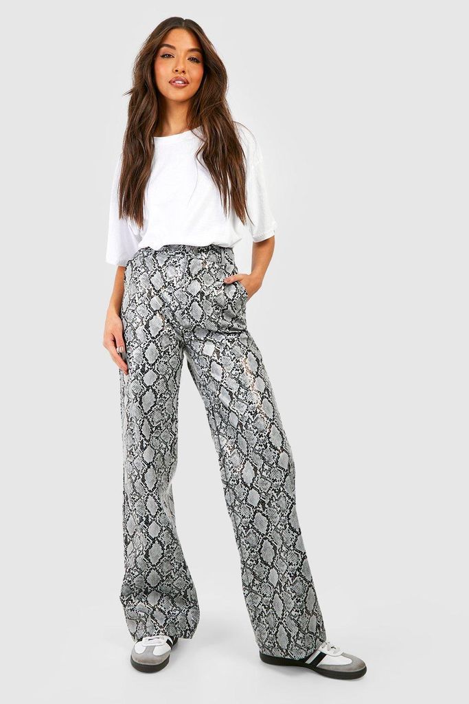 Womens Snake Leather Look Wide Leg Trousers - Grey - 6, Grey
