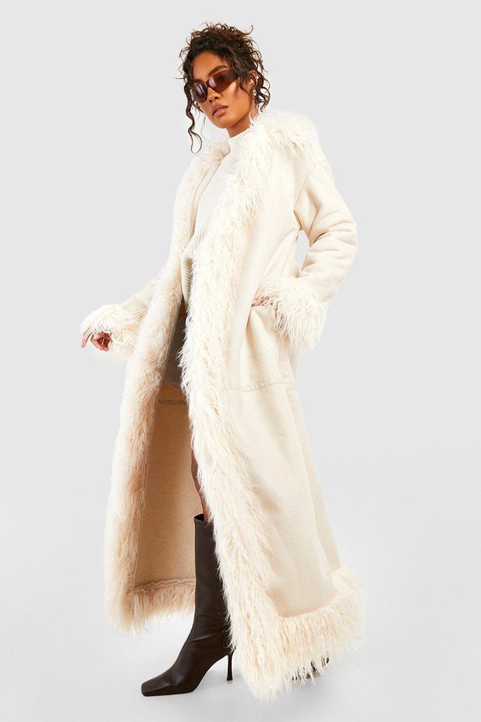 Womens Tall Faux Fur Trim Suedette Coat - Beige - 12, Beige