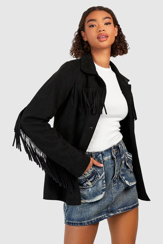 Womens Tall Fringed Suedette Utility Jacket - Black - 6, Black