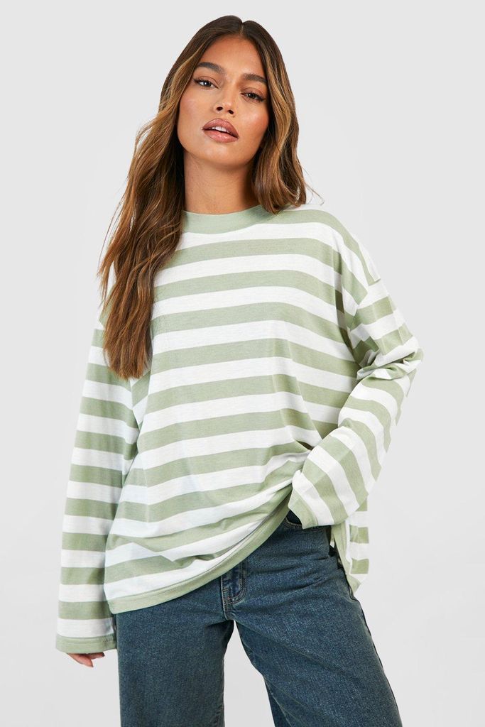 Womens Wide Sleeve Striped T-Shirt - Green - 6, Green