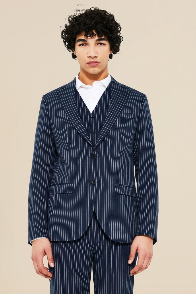 Men's Slim Single Breasted Pinstripe Suit Jacket - Navy - 38, Navy