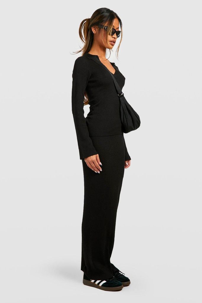 Womens Polo Collar Rib Knit Top And Maxi Skirt Set - Black - 8, Black