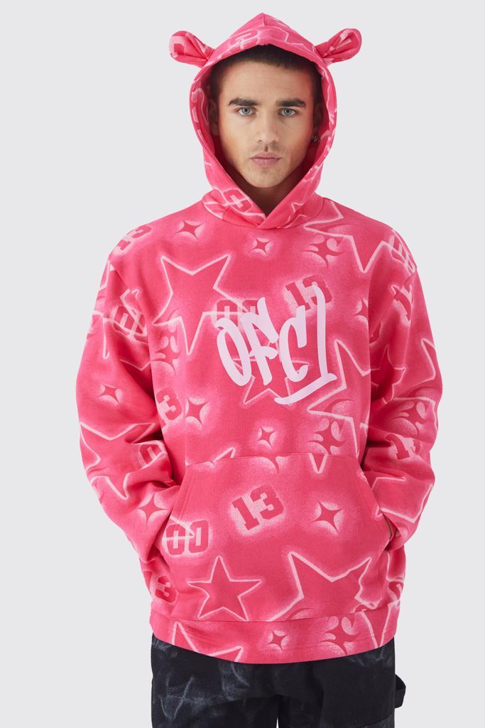 Men's Oversized All Over Graffiti Ear Hoodie - Pink - S, Pink