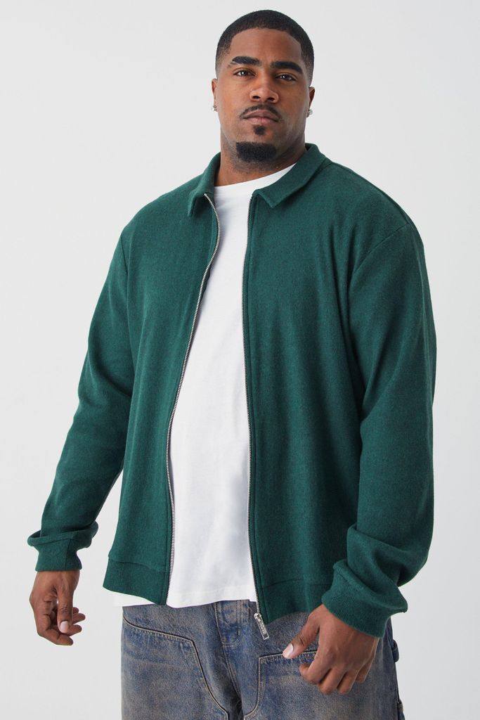 Men's Plus Brushed Ottoman Zip Through Overshirt - Green - Xxxl, Green