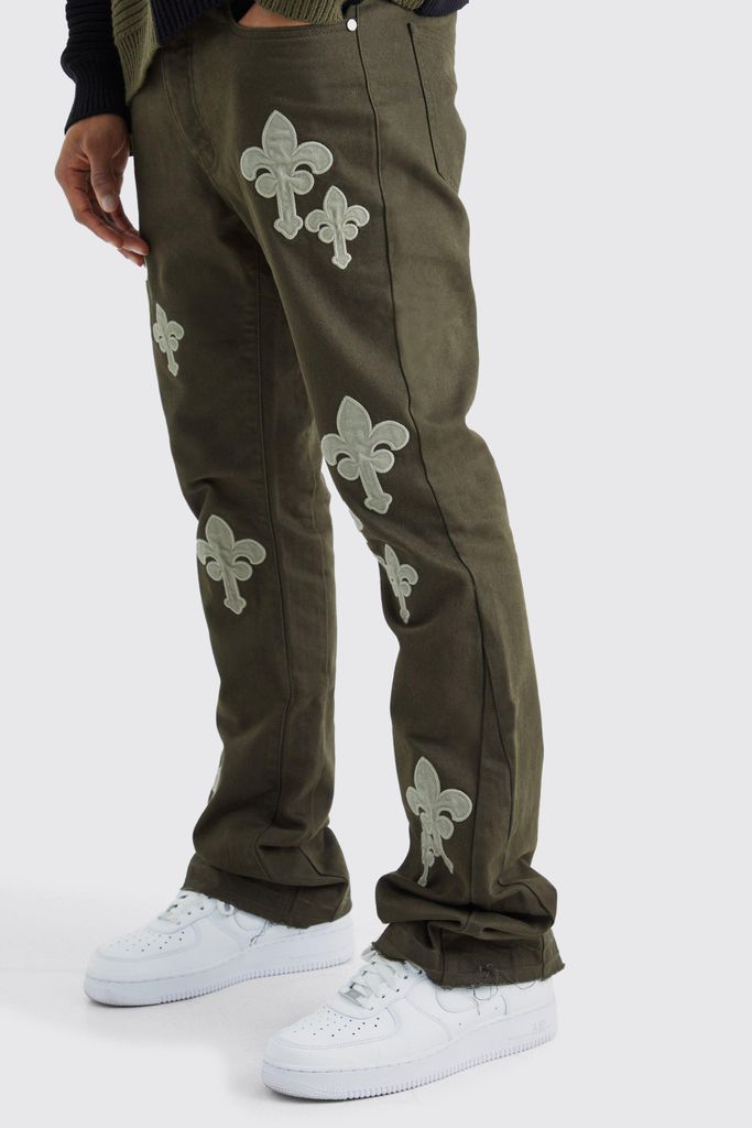 Men's Fixed Waist Slim Flare Gusset Applique Trouser - Green - 28, Green