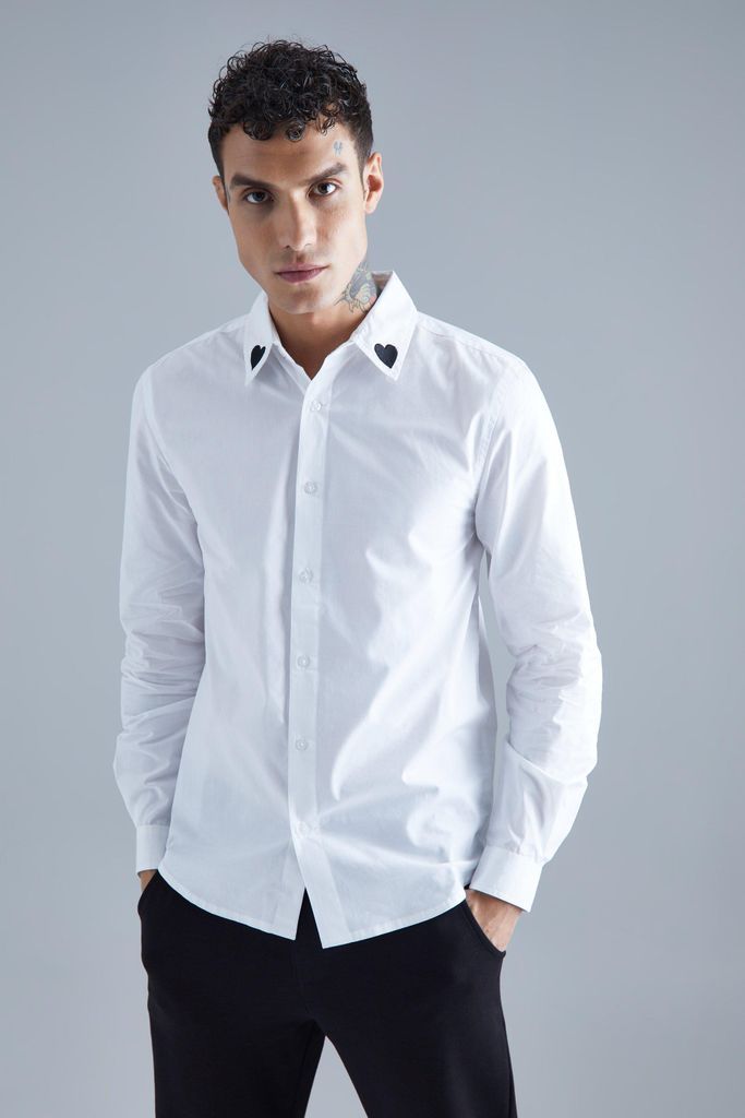 Men's Long Sleeve Poplin Heart Embroidered Collar Shirt - White - S, White