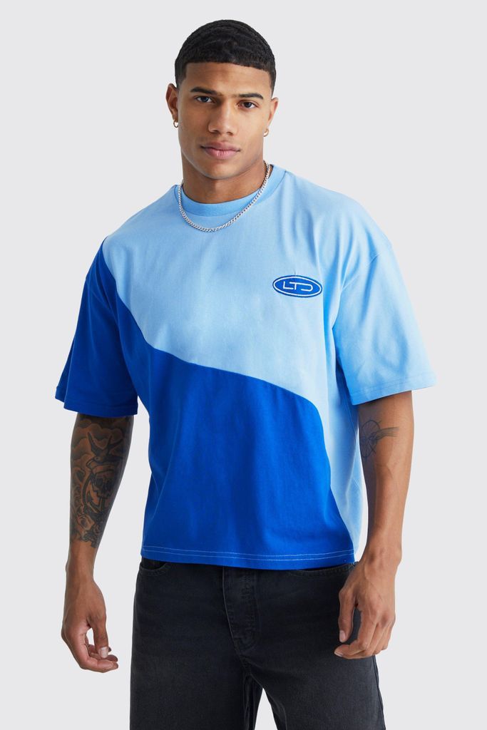 Men's Oversized Boxy Curved Colour Block T-Shirt - Blue - S, Blue