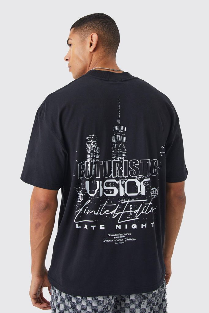 Men's Oversized Futuristic Scenic Graphic T-Shirt - Black - S, Black