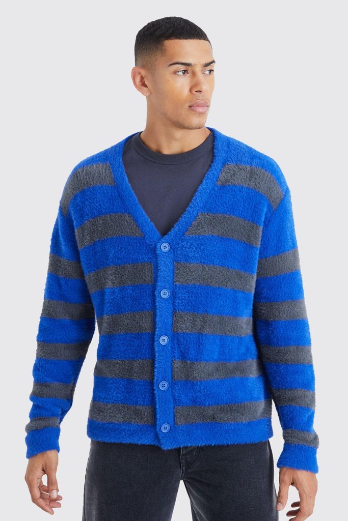 Men's Oversized Stripe Fluffy Cardigan - Blue - S, Blue