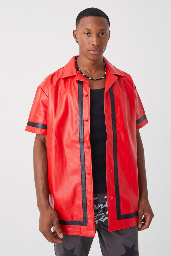 Men's Short Sleeve Oversized Pu Border Shirt - Red - S, Red