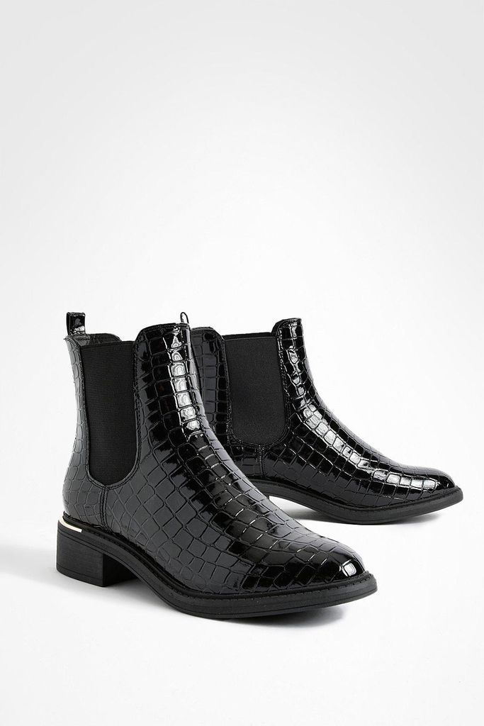 Womens Croc Patent Chelsea Boots - Black - 3, Black