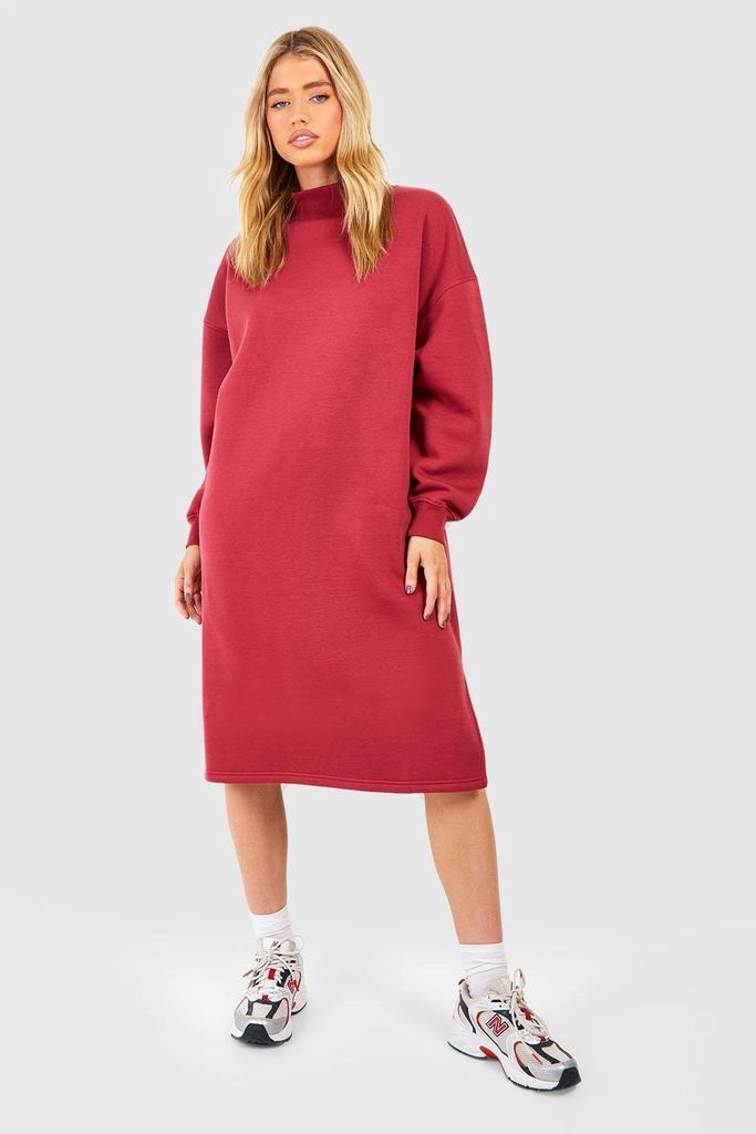 Womens Funnel Neck Oversized Sweat Midi Dress - Red - 8, Red