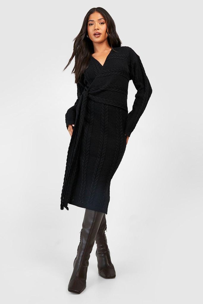 Womens Petite Cable Knit Wrap Midi Dress - Black - S, Black